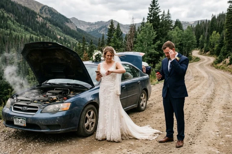 Image of a bride and groom standing beside a broken-down car.