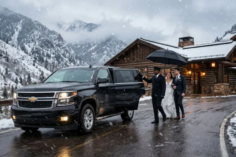 Image of a couple in wedding attire stepping out of a black SUV with an umbrella outside a snowy mountain lodge, illustrating transportation challenges on a wedding day.