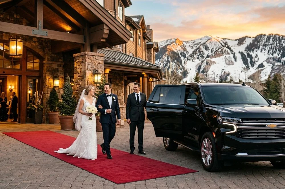 Image of a bride and groom arriving in a black SUV outside a mountain lodge wedding venue, highlighting wedding day travel mistakes